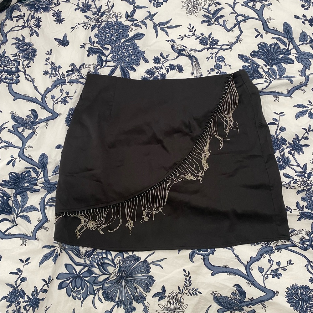 Black Satin-like Skirt with Jewel Fringe
